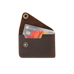 Handmade Genuine Leather Card Holder with Snap Closure, Minimalist Leather Wallet, Hand-Stitched Compact Front Pocket Card for Men & Women
